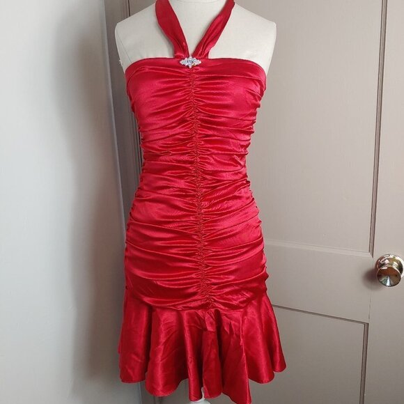 Vintage Jessica McClintock Dress Halter Satin Strapless Ruched Faux Diamonds 80s - Picture 7 of 7